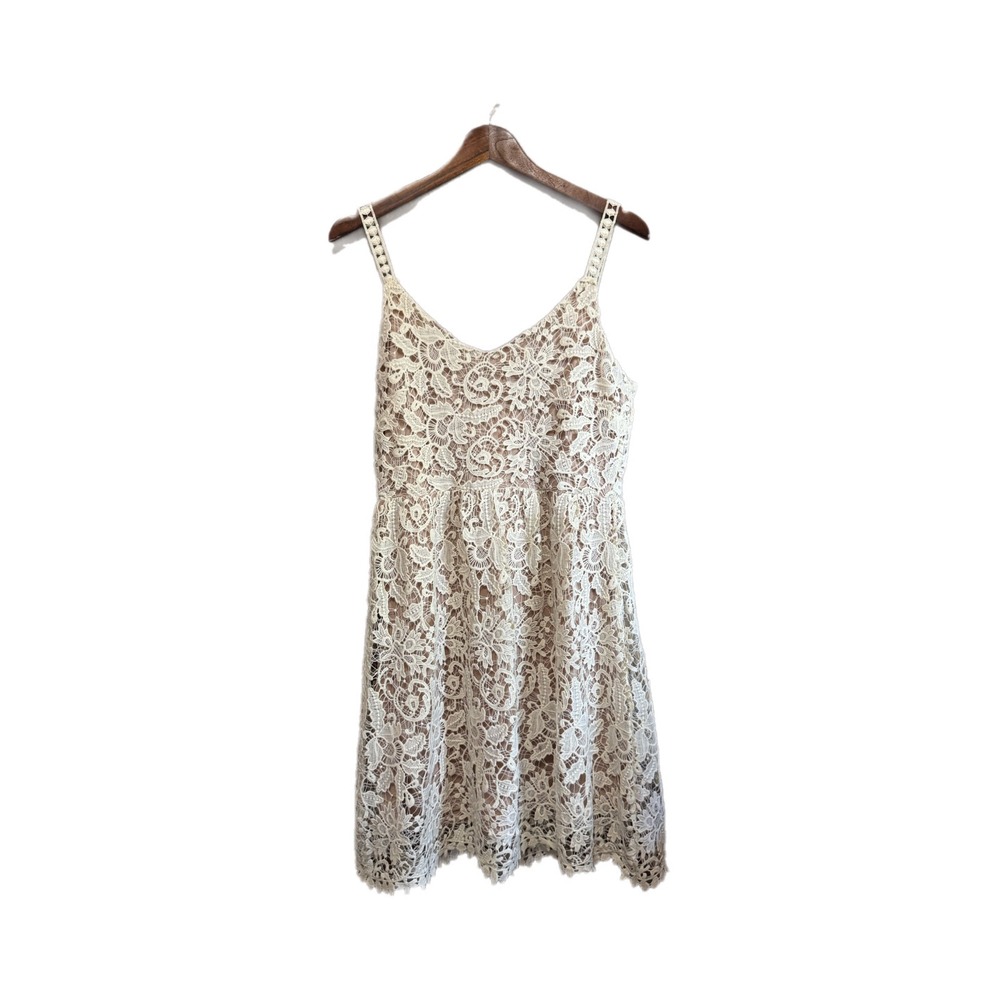 She + Sky Lace Mini Dress Womens L Cream Tan Excellent V-Neck Sleeveless SL6955